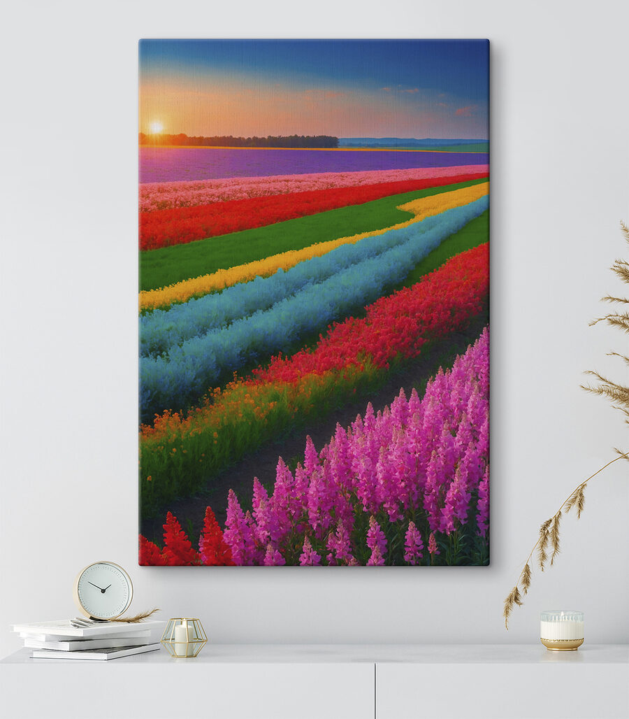Blumenfeld mit der Sonne im Hintergrund