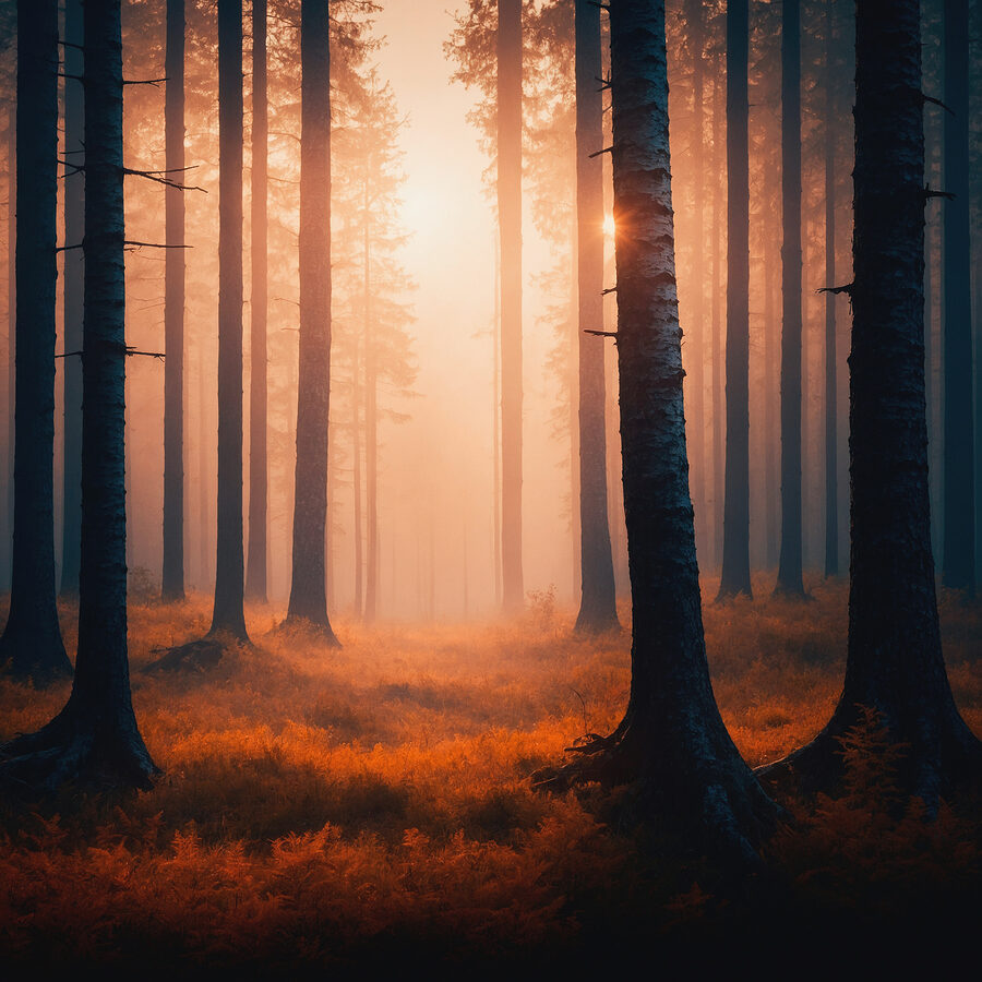 Wald mit Bäumen und Nebel