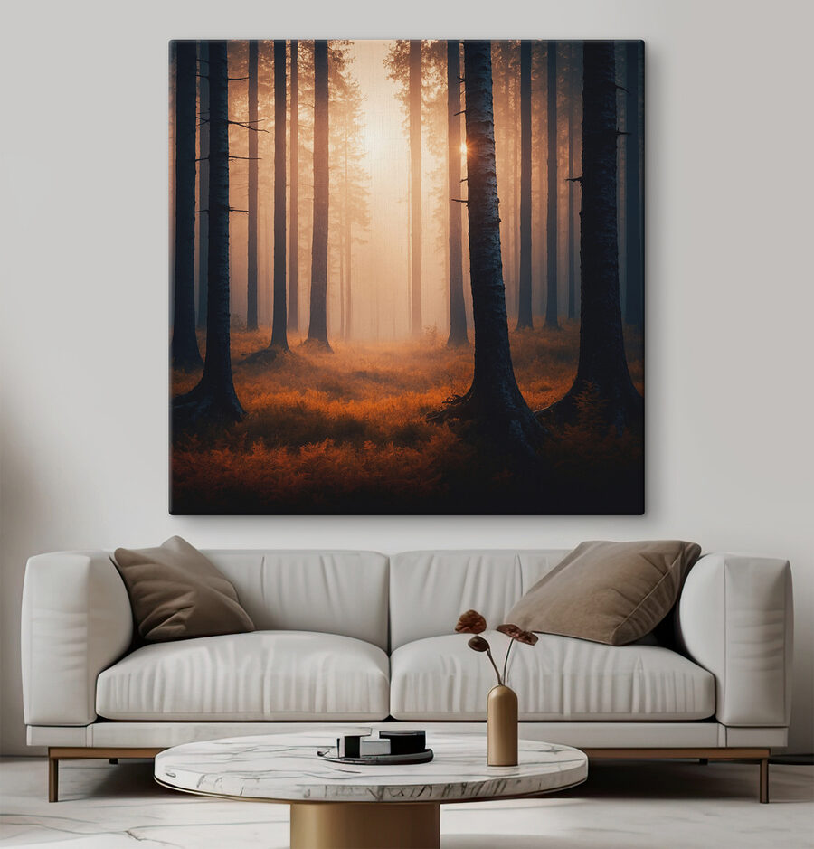 Wald mit Bäumen und Nebel