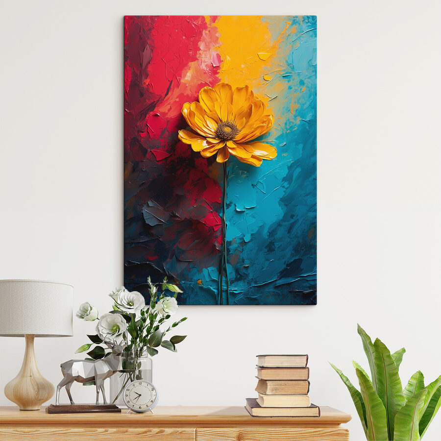 Gelbe Blume auf blauem und rotem Hintergrund