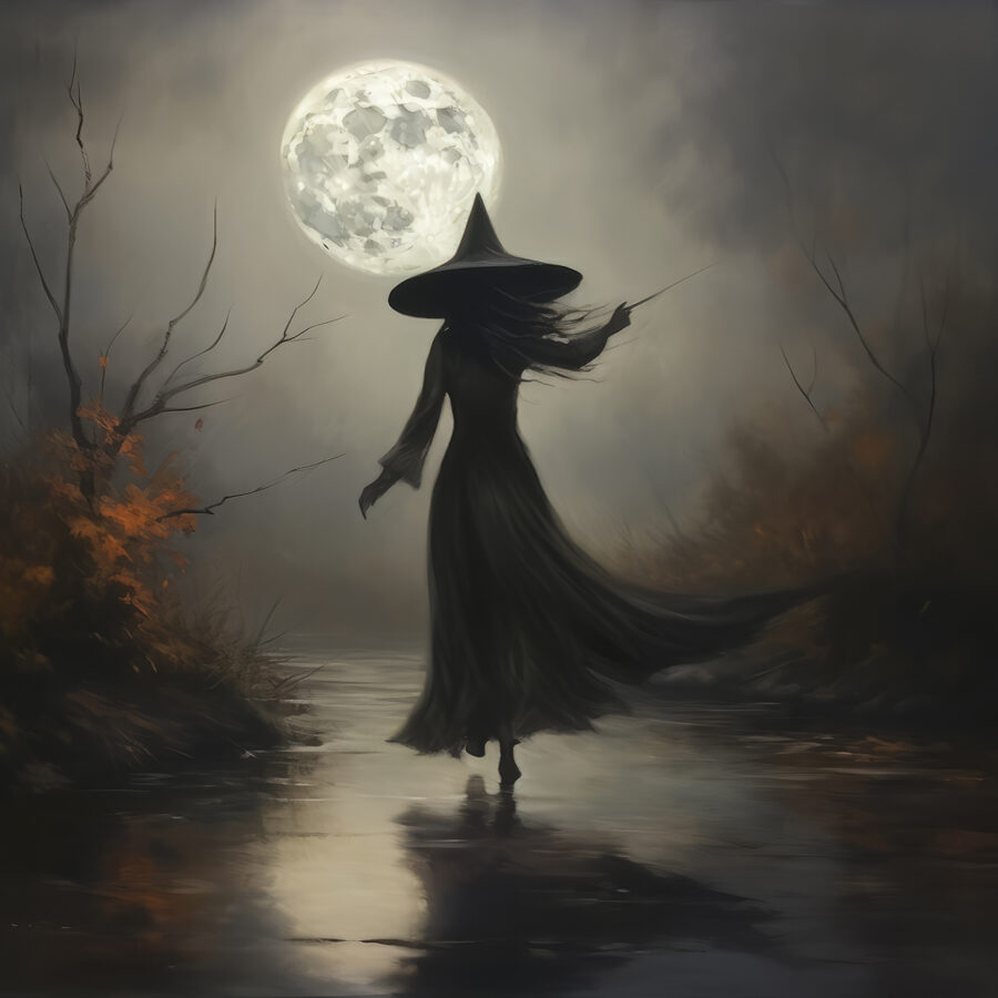 Frau in einem Personenkleid, die auf einem Weg bei Vollmond geht