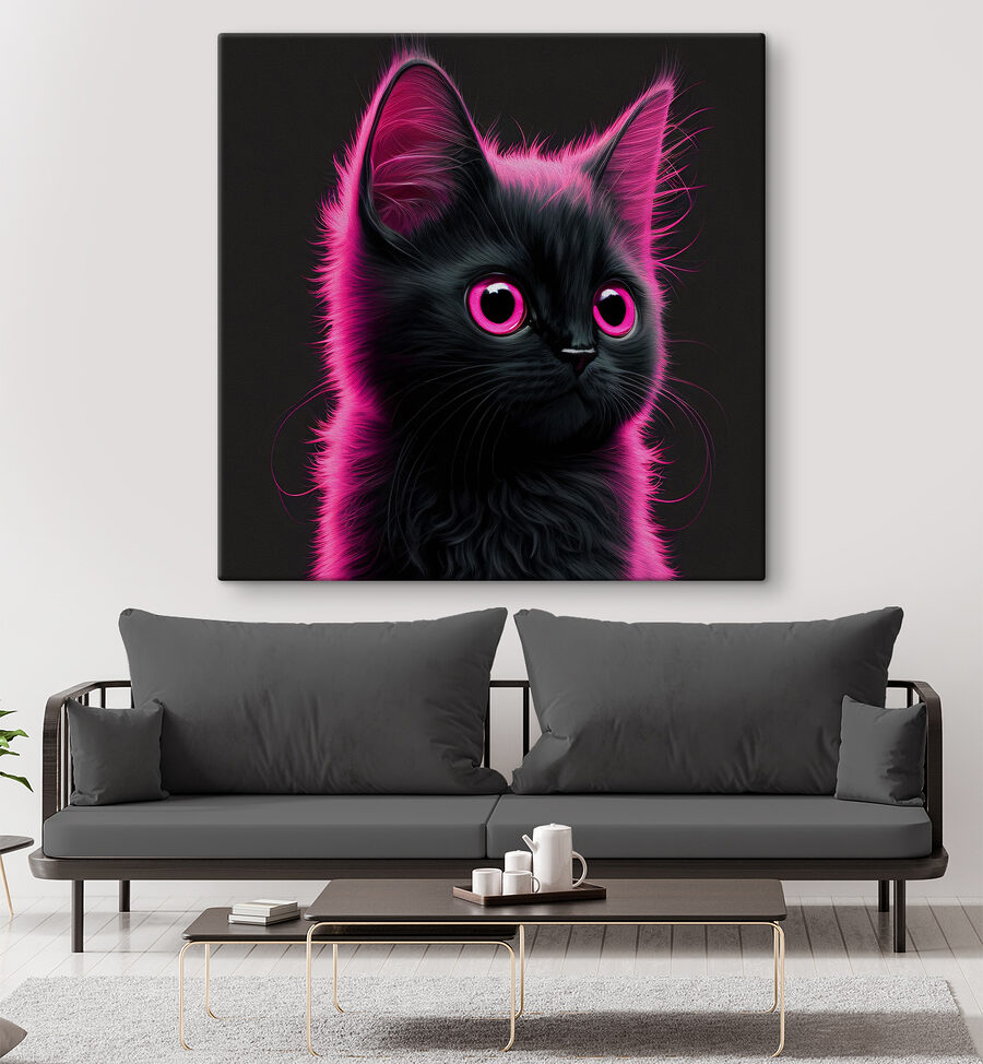 Schwarze Katze mit rosa Haaren