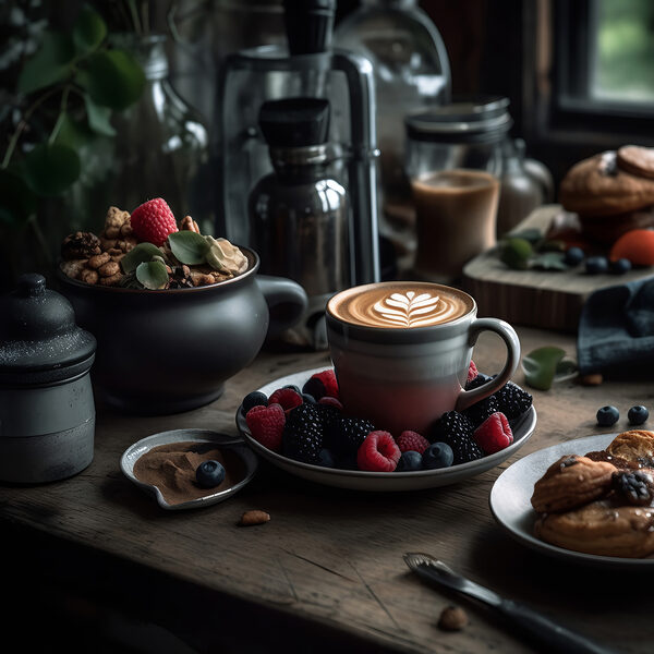 Tasse Kaffee mit einer Latte Art auf einem Teller mit Obst und Müsli Tasse Kaffee mit einer Latte Art auf einem Teller mit Obst und Müsli