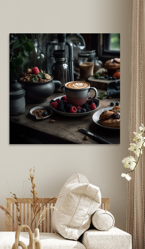 Tasse Kaffee mit einer Latte Art auf einem Teller mit Obst und Müsli Tasse Kaffee mit einer Latte Art auf einem Teller mit Obst und Müsli