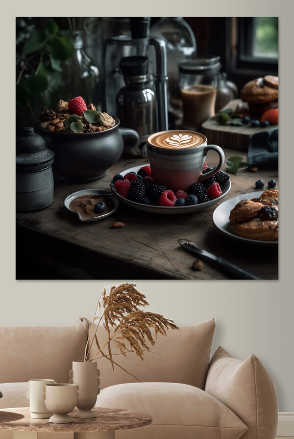 Tasse Kaffee mit einer Latte Art auf einem Teller mit Obst und Müsli Tasse Kaffee mit einer Latte Art auf einem Teller mit Obst und Müsli