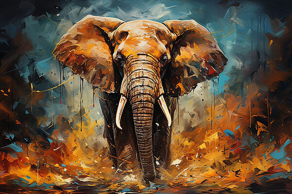 Ein Elefant mit Stoßzähnen und Schmutz Ein Elefant mit Stoßzähnen und Schmutz