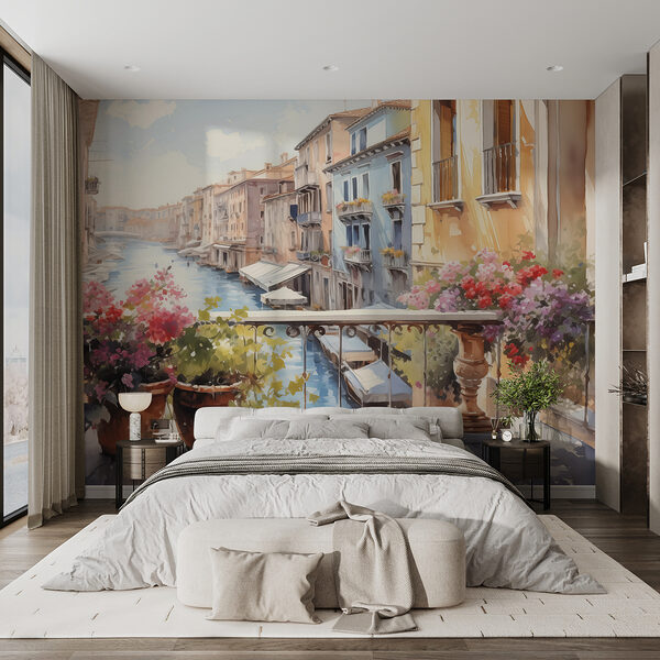 Aquarellmalerei eines Flusses mit einer Reihe von Gebäuden und Blumen auf einem Balkon Fototapeten Aquarellmalerei eines Flusses mit einer Reihe von Gebäuden und Blumen auf einem Balkon