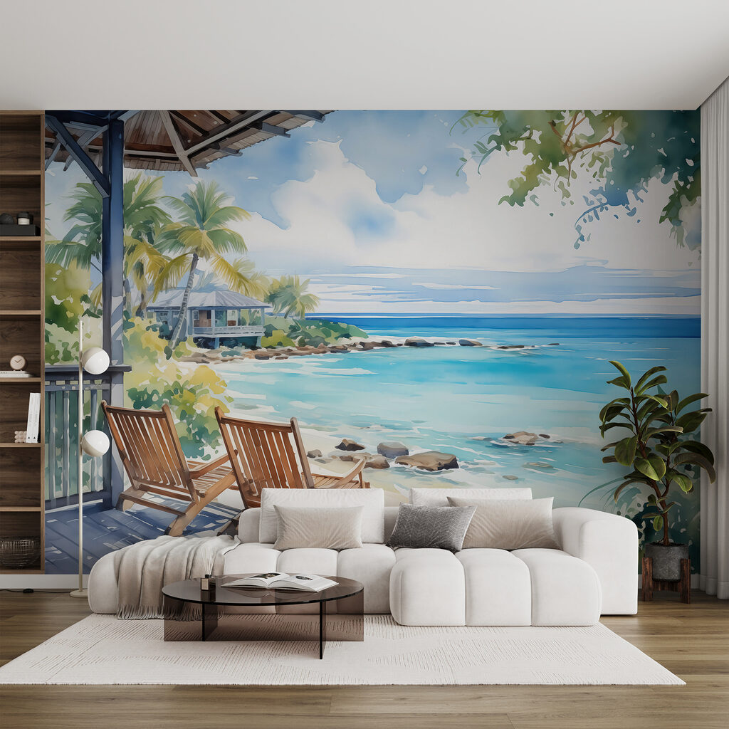 Watercolor painting of chairs on a deck overlooking a beach