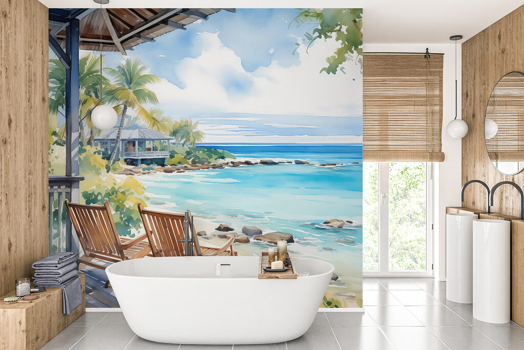 Watercolor painting of chairs on a deck overlooking a beach