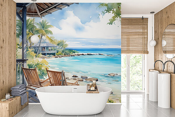 Watercolor painting of chairs on a deck overlooking a beach