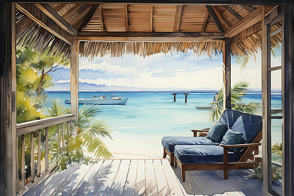 Watercolor painting of a beach with chairs and a boat