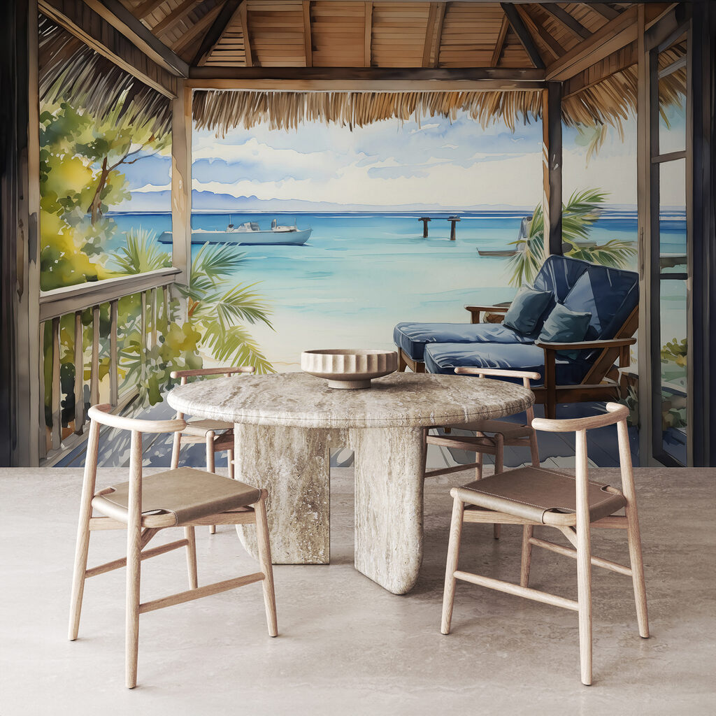 Watercolor painting of a beach with chairs and a boat