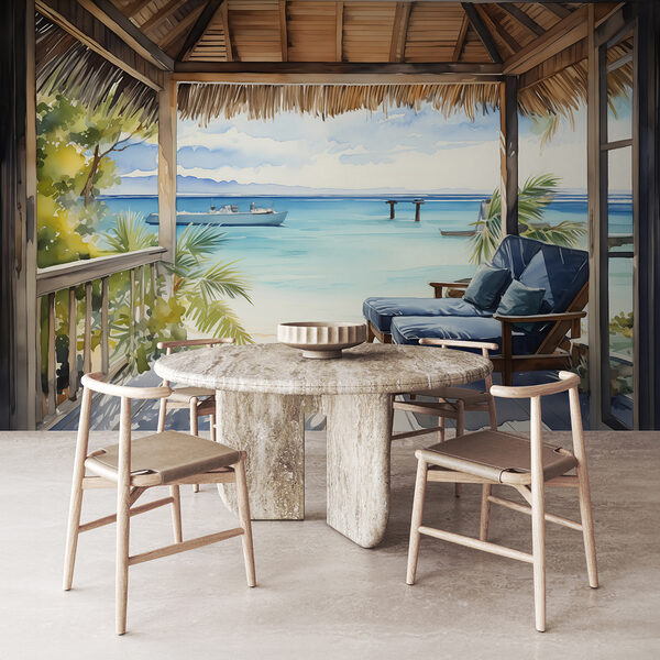 Watercolor painting of a beach with chairs and a boat
