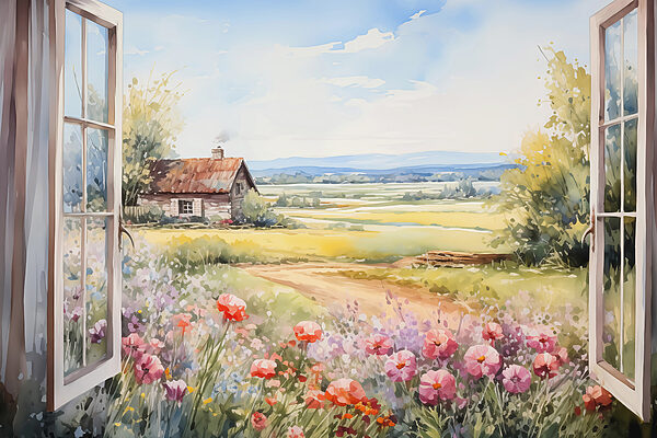 Gemälde eines Hauses und Blumen Gemälde eines Hauses und Blumen