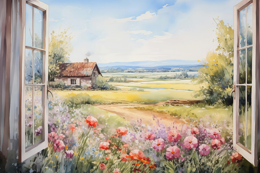 Gemälde eines Hauses und Blumen Gemälde eines Hauses und Blumen