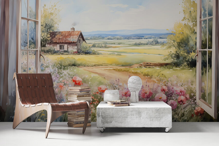 Gemälde eines Hauses und Blumen Gemälde eines Hauses und Blumen