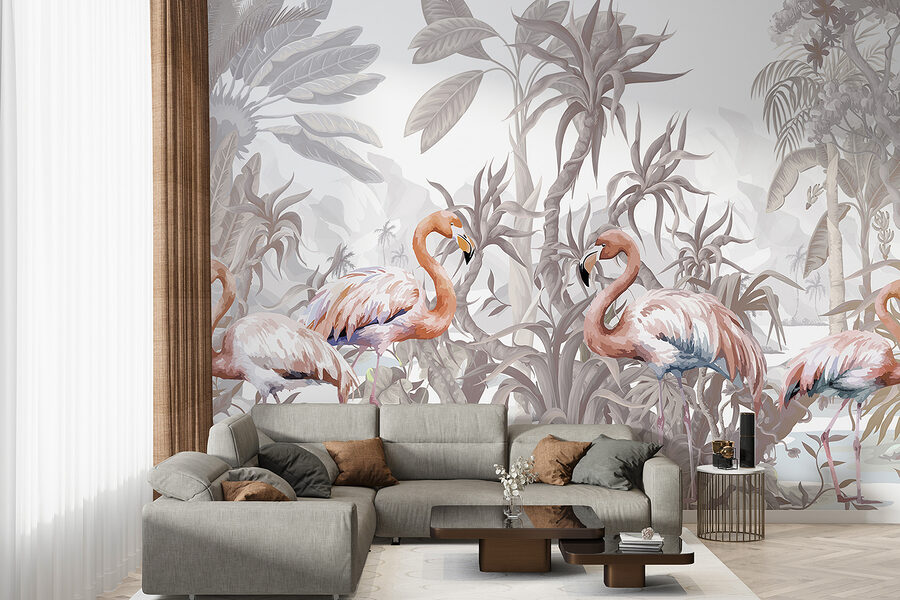 Group of flamingos in a forest Group of flamingos in a forest