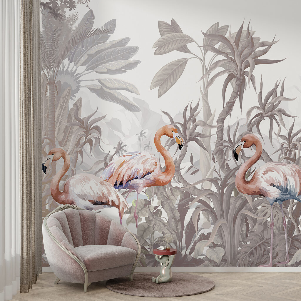 Group of flamingos in a forest