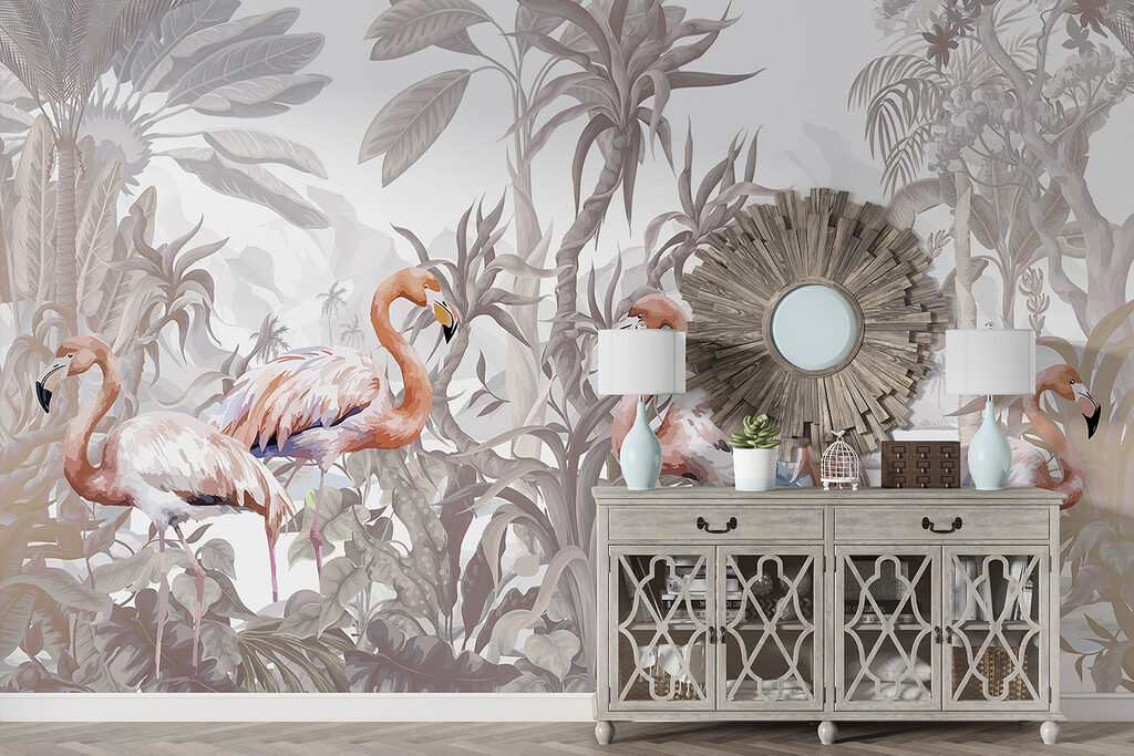 Group of flamingos in a forest