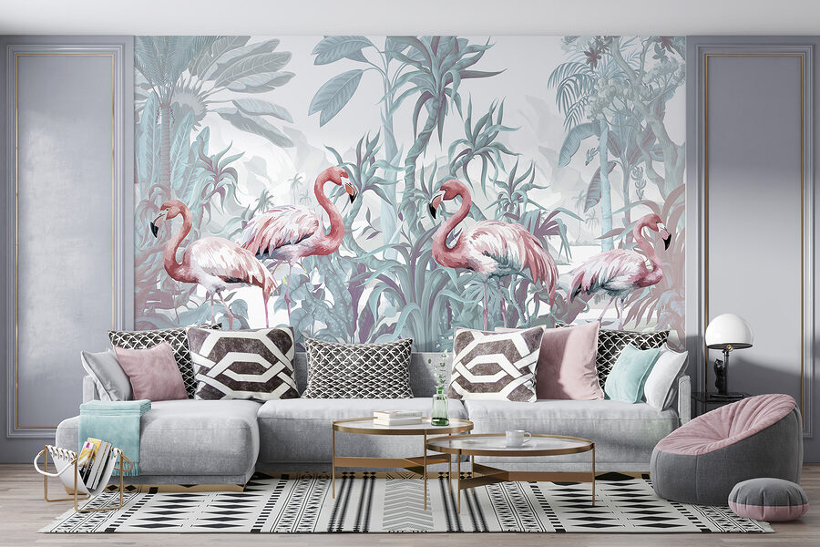 Gruppe von Flamingos in einem Dschungel