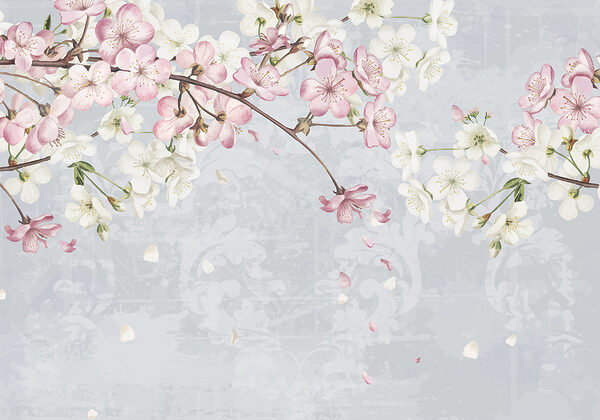 Zweig mit weißen und rosa Blüten Zweig mit weißen und rosa Blüten