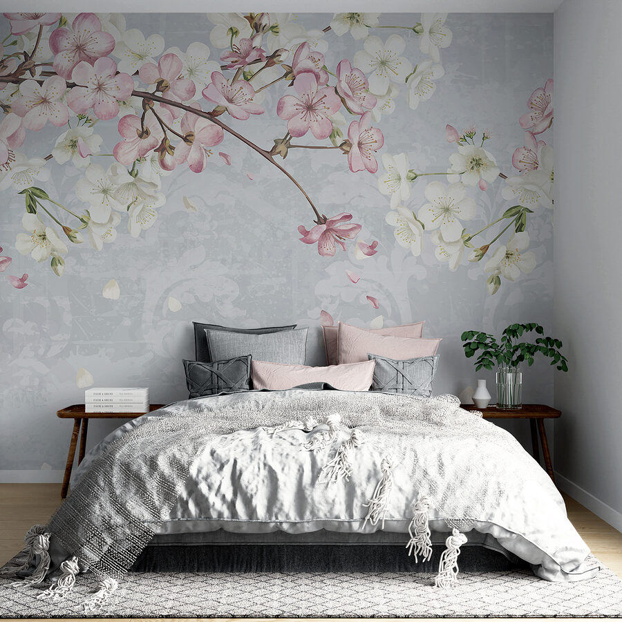 Zweig mit weißen und rosa Blüten Zweig mit weißen und rosa Blüten