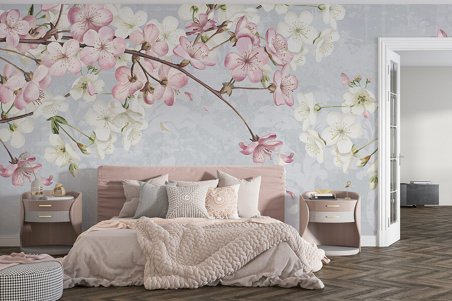 Zweig mit weißen und rosa Blüten Zweig mit weißen und rosa Blüten
