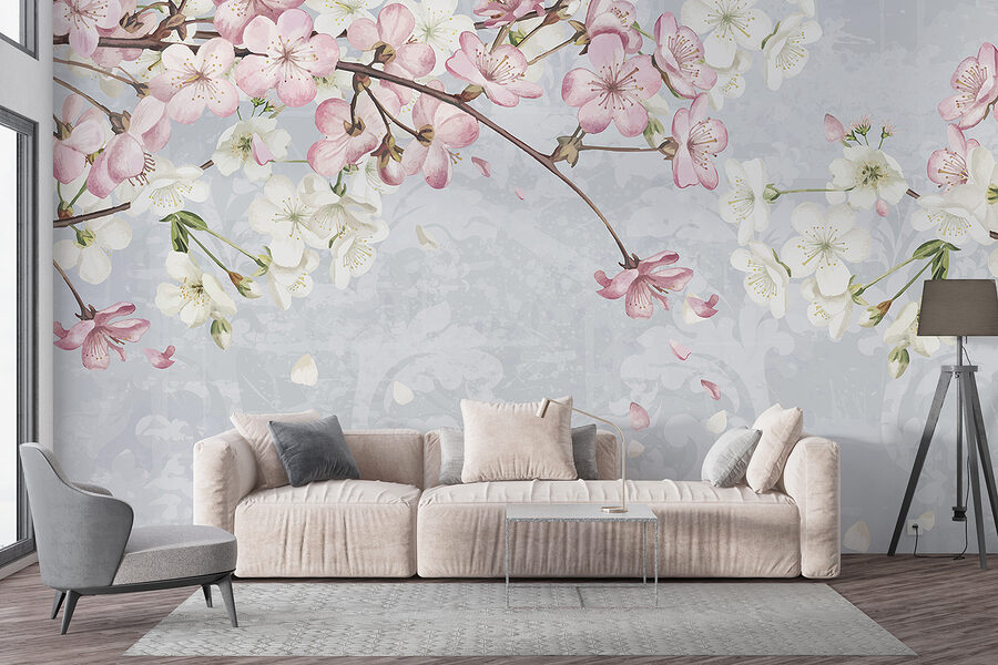 Zweig mit weißen und rosa Blüten Zweig mit weißen und rosa Blüten