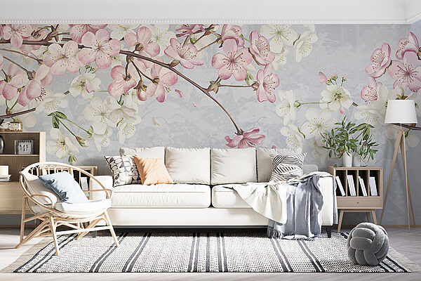Zweig mit weißen und rosa Blüten Zweig mit weißen und rosa Blüten