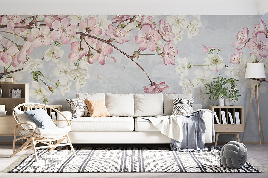 Zweig mit weißen und rosa Blüten Zweig mit weißen und rosa Blüten