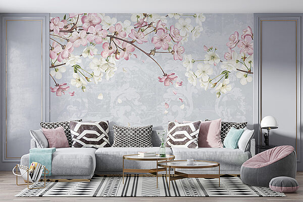 Zweig mit weißen und rosa Blüten Zweig mit weißen und rosa Blüten