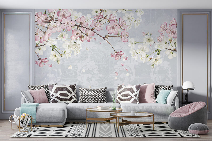 Zweig mit weißen und rosa Blüten Zweig mit weißen und rosa Blüten