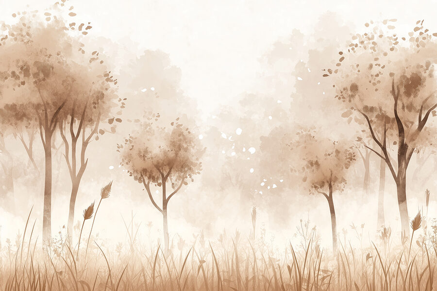 Neblige Landschaft mit Bäumen und Gras