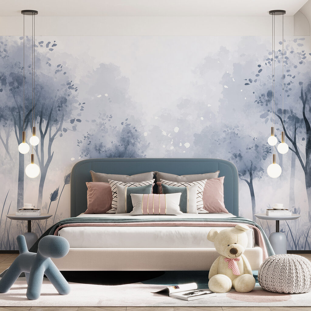 Foggy forest with trees and grass Foggy forest with trees and grass