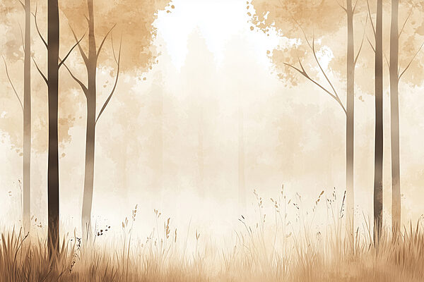 Nebliger Wald mit Bäumen und Gras Nebliger Wald mit Bäumen und Gras