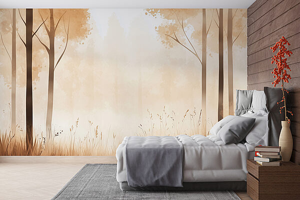 Nebliger Wald mit Bäumen und Gras Nebliger Wald mit Bäumen und Gras