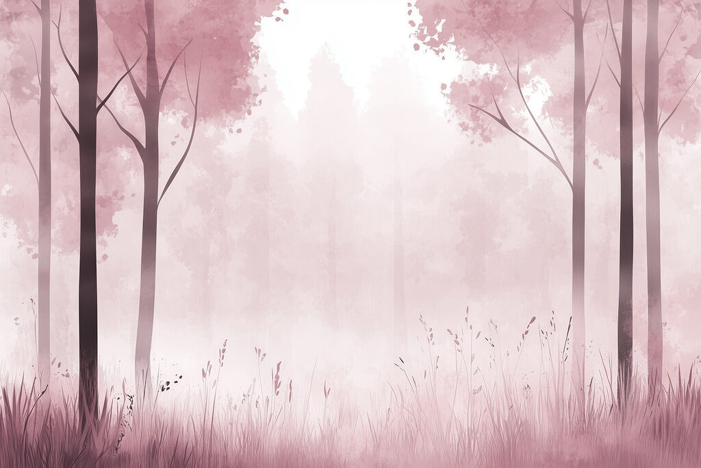 Nebliger Wald mit rosa Bäumen Nebliger Wald mit rosa Bäumen