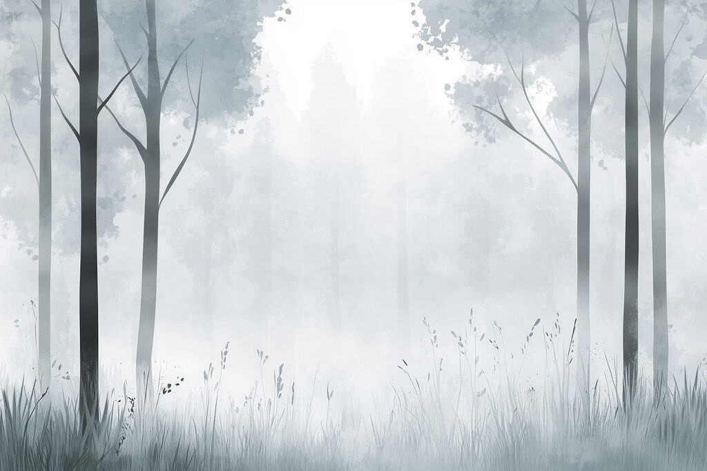 Nebliger Wald mit Bäumen und Gras Nebliger Wald mit Bäumen und Gras