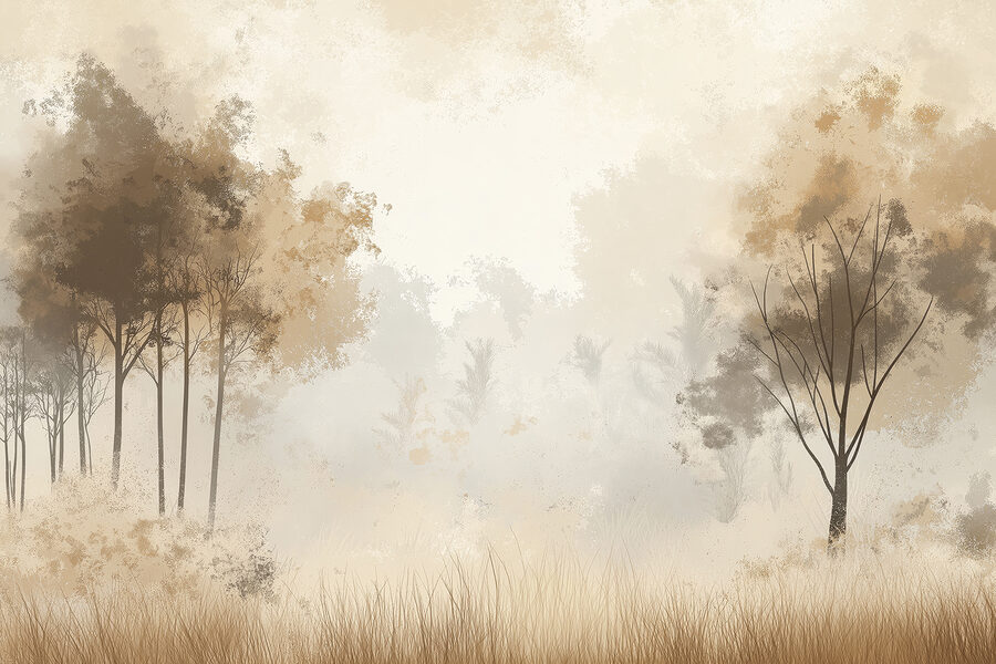 Nebliger Wald mit Bäumen und Gras Nebliger Wald mit Bäumen und Gras
