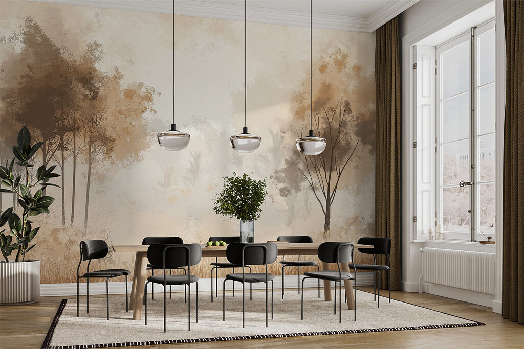 Foggy forest with trees and grass