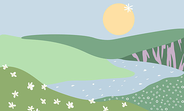 Landschaft mit einem Fluss und Blumen Landschaft mit einem Fluss und Blumen