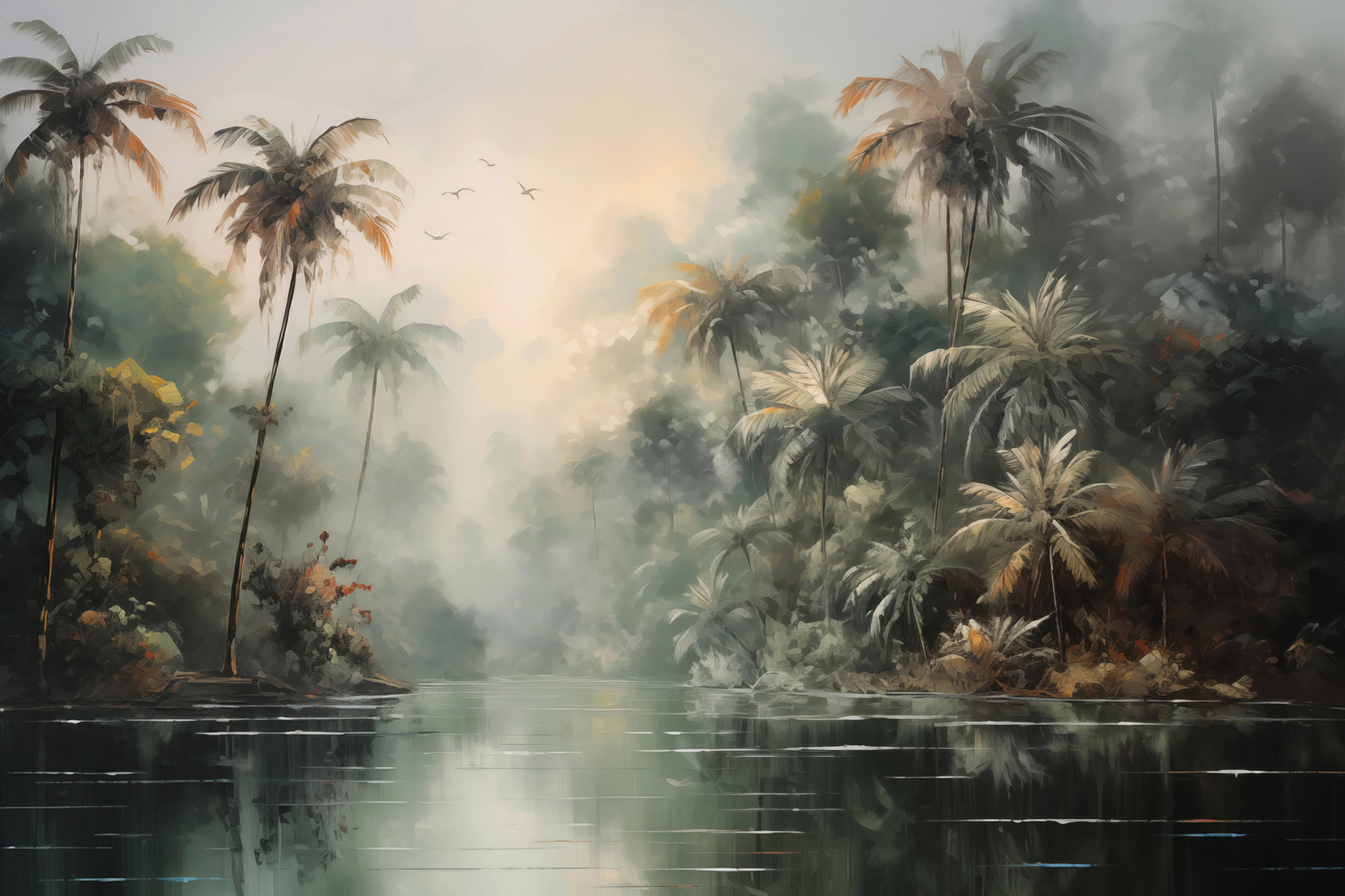 Water with palm trees and birds flying