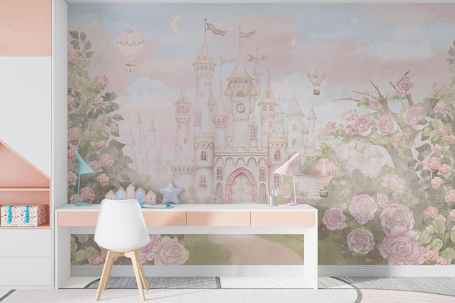 Fototapeten Schloss mit Blumen und Heißluftballons – Bild 2