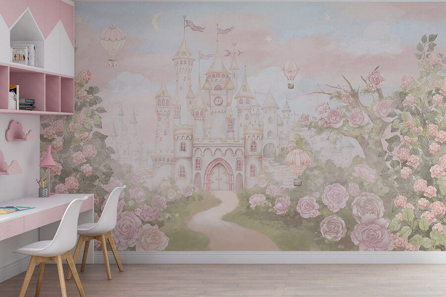Fototapeten Schloss mit Blumen und Heißluftballons – Bild 3