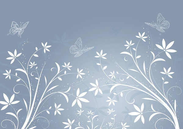 Weiße Blumen und Schmetterlinge auf blauem Hintergrund Weiße Blumen und Schmetterlinge auf blauem Hintergrund