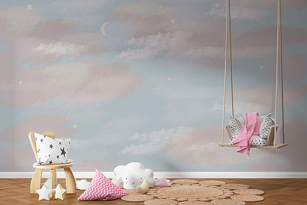 Blue sky with clouds and a crescent moon