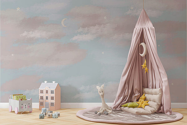 Blue sky with clouds and a crescent moon