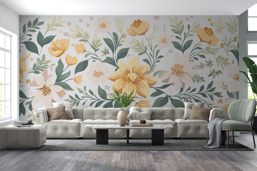 Florales Design mit gelben Blumen und grünen Blättern Florales Design mit gelben Blumen und grünen Blättern