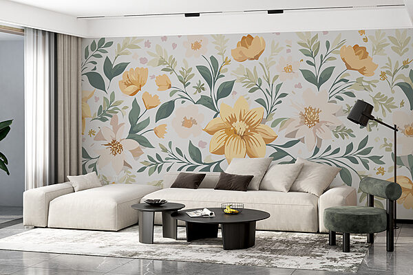 Florales Design mit gelben Blumen und grünen Blättern Florales Design mit gelben Blumen und grünen Blättern