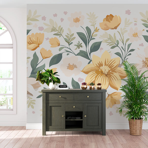 Florales Design mit gelben Blumen und grünen Blättern Florales Design mit gelben Blumen und grünen Blättern